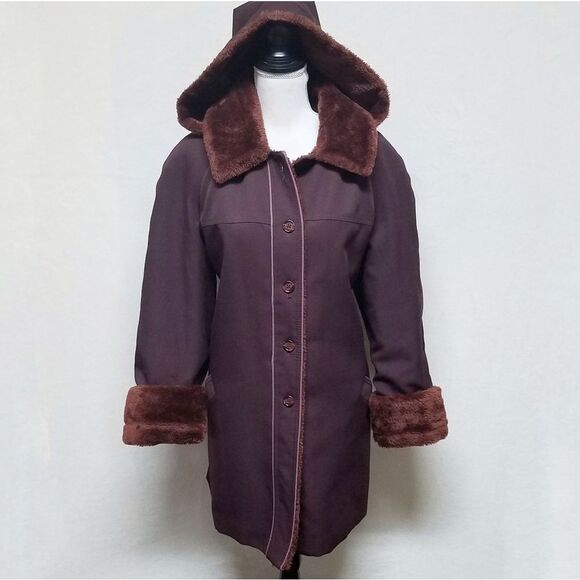 VINTAGE 1970s ILGWU Oxblood Thick Sherpa Lined Hooded Button Up Cuffed Coat - Picture 3 of 14